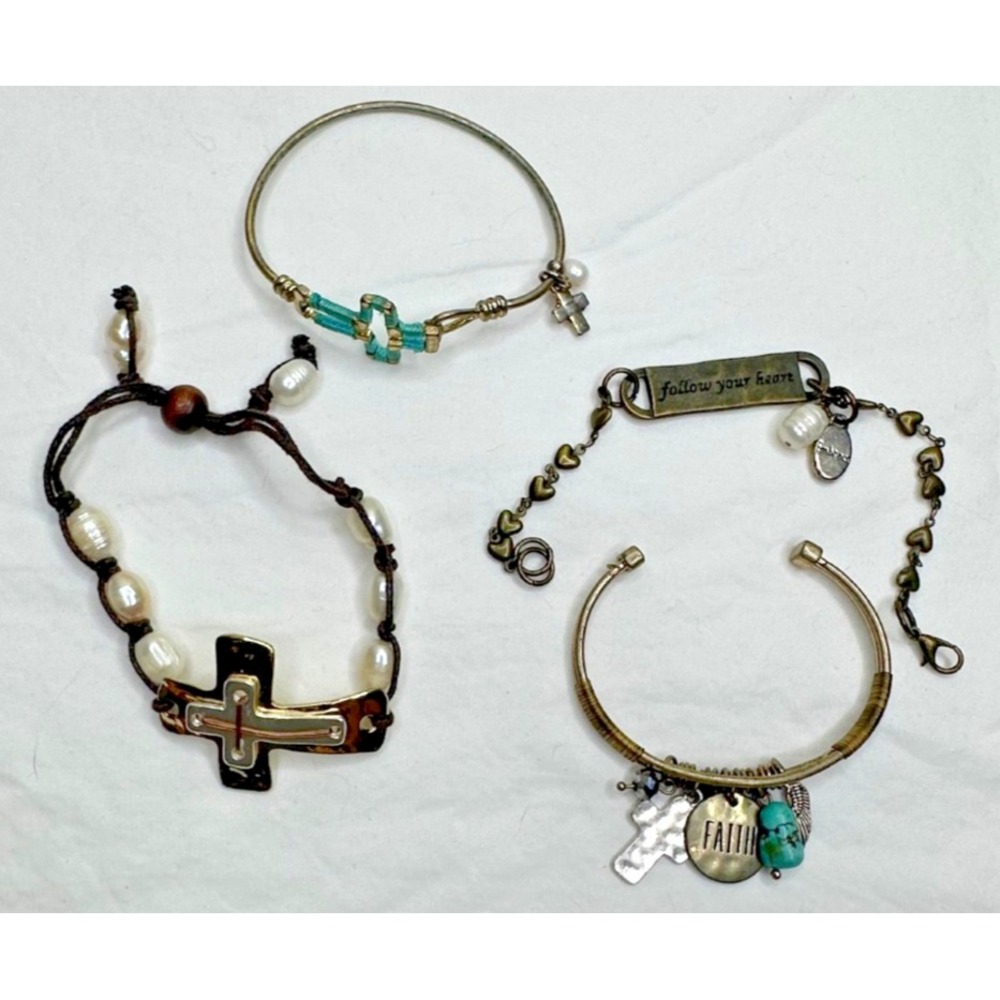 Religious Cross Bracelets Faith Follow Your Heart Freshwater Pearl Aqua Set of 4